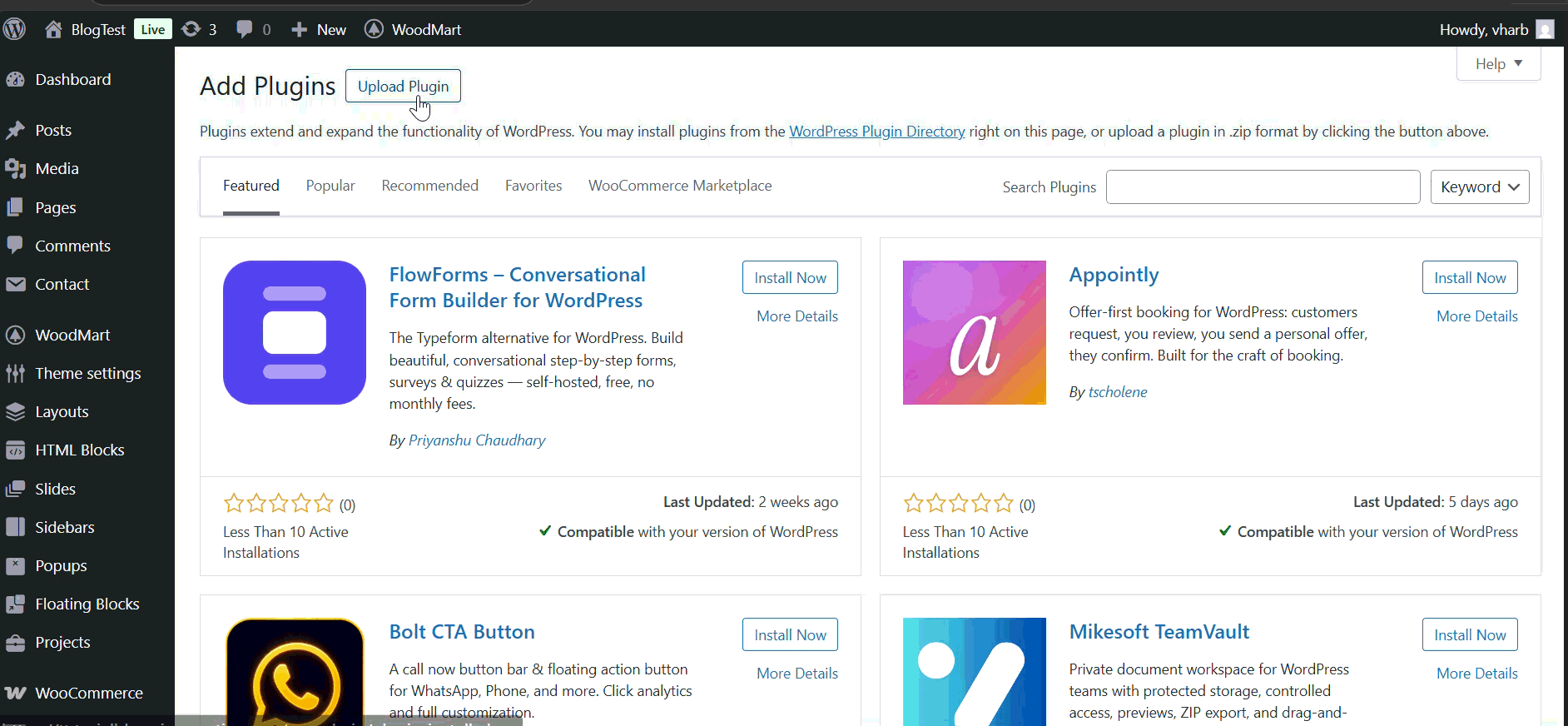 Screen recording of a user clicking 'Upload Plugin' in the WordPress admin dashboard to install the Novamira AI development environment.