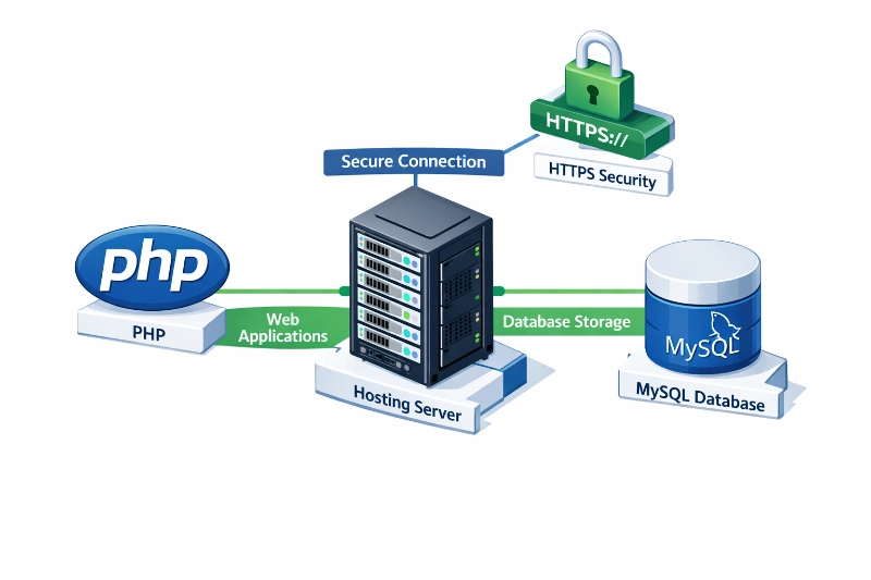 Isometric diagram of hosting server architecture featuring PHP web applications, MySQL database storage, and HTTPS security.