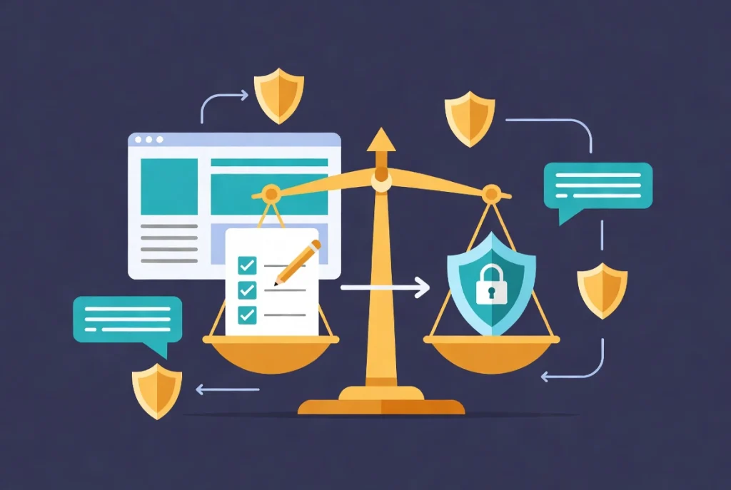 Balanced scales of justice with document and shield icons represent legal ethical standards in content creation for websites.