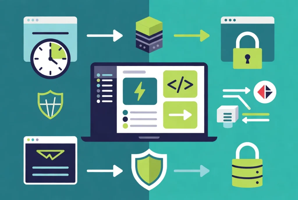 Local WordPress development illustration showing laptop with speed lightning bolts, security shields, and workflow arrows for efficient site building.