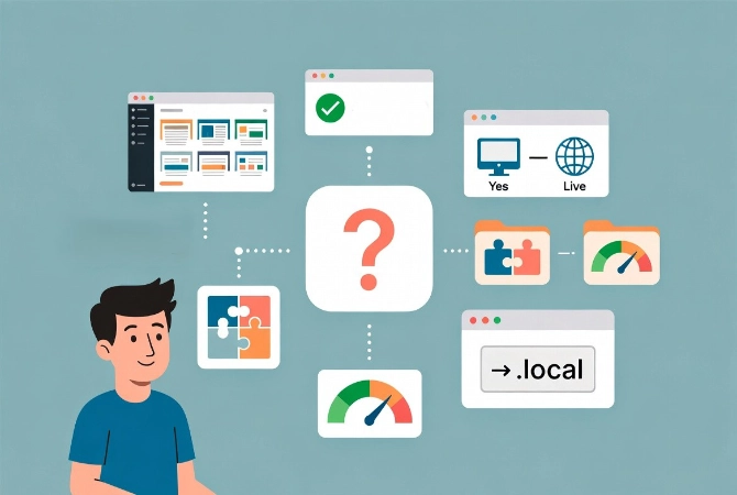 Cartoon developer surrounded by question mark and icons representing local WordPress installation concepts in flat vector style