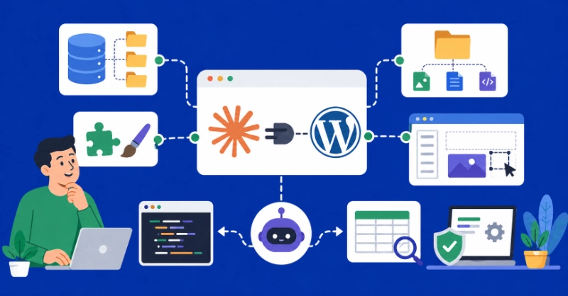 Flat vector illustration of Claude AI connected to WordPress using Novamira MCP with workflow showing database, files, plugins, and automation process