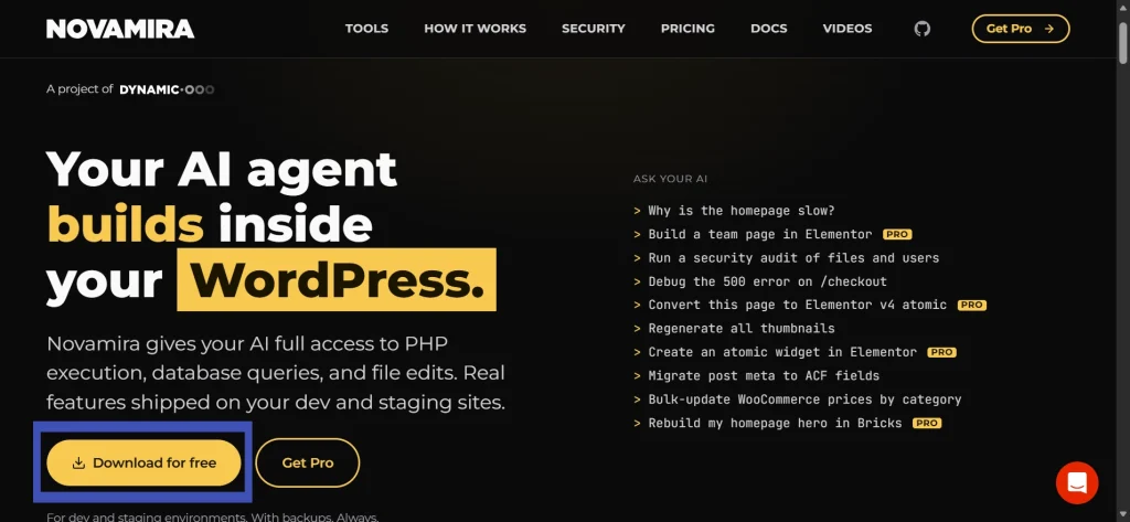 Homepage of Novamira showing an AI development environment for WordPress with a Claude AI MCP integration prompt for database queries and file edits.
