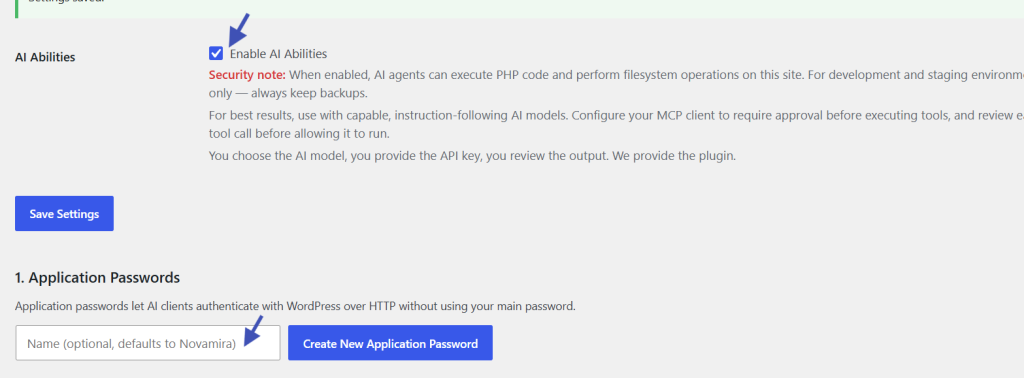 Novamira WordPress MCP dashboard showing Claude AI client connection and application password setup