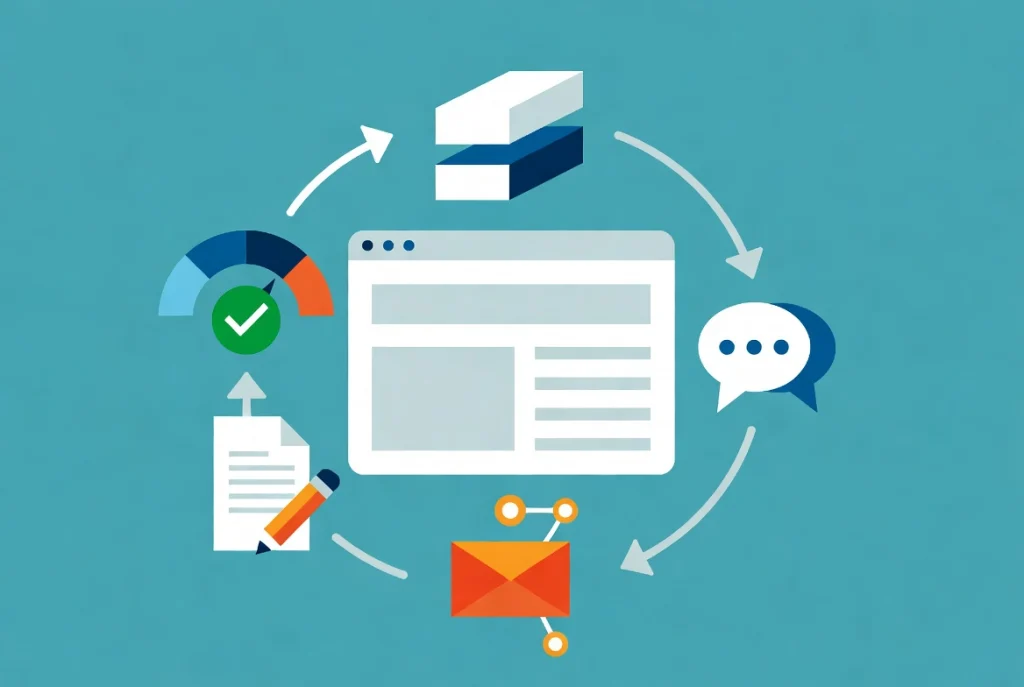 Post publication WordPress workflow illustration with browser window and workflow arrows showing content promotion and reader engagement steps.