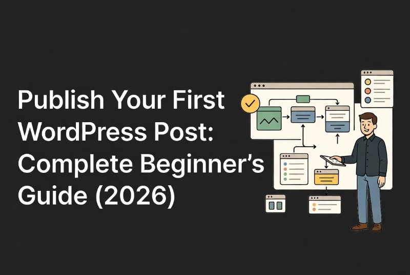 Friendly cartoon man teaching WordPress post publishing steps with workflow arrows and browser windows in flat vector style