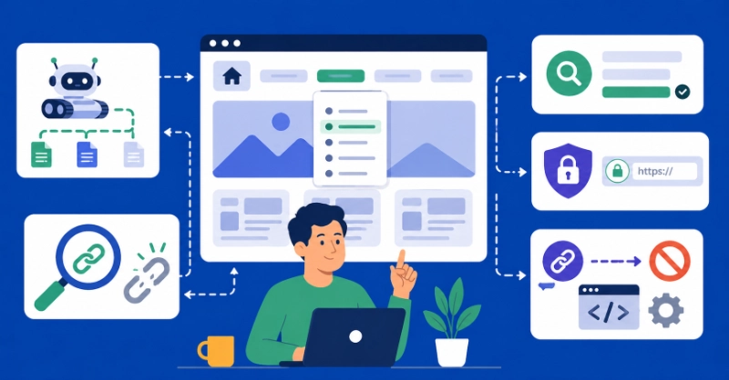 SEO navigation structure illustration with website UI, crawler bot, links, and security elements connected by flow arrows