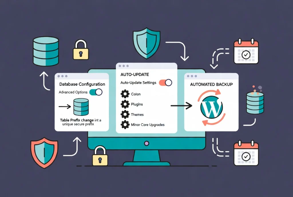 Advanced Softaculous options interface showing database prefix security, auto updates and backup settings with workflow connections on computer monitor