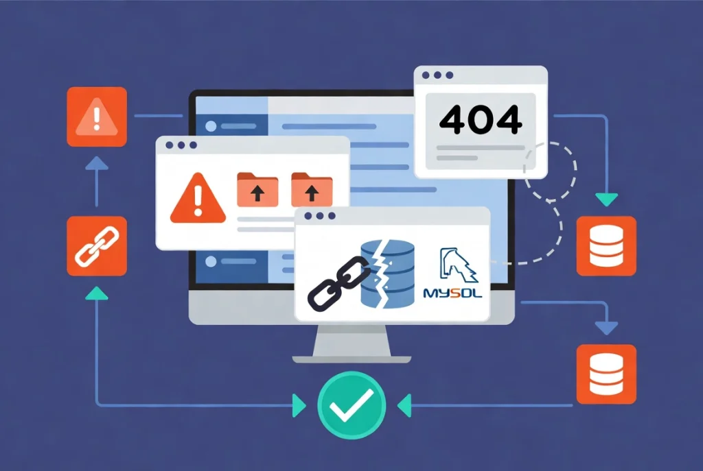 Flat vector illustration of Softaculous installation errors with file conflicts, database issues, and 404 dashboard problems shown via icons and workflow arrows on computer screen.