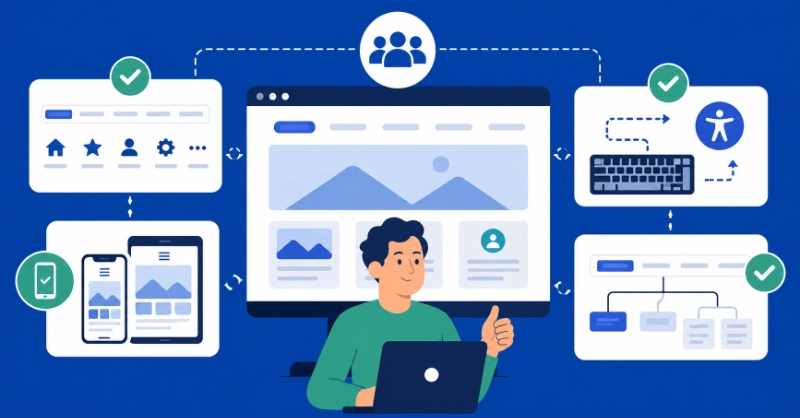 Website navigation optimization illustration with user at laptop and UI panels showing mobile, accessibility, and menu structure flow