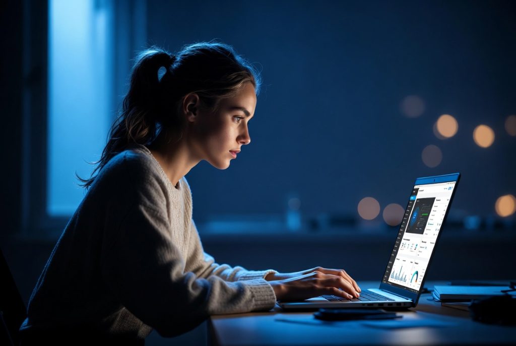 Focused female freelancer working on laptop with WordPress AI dashboard in cinematic blue lighting