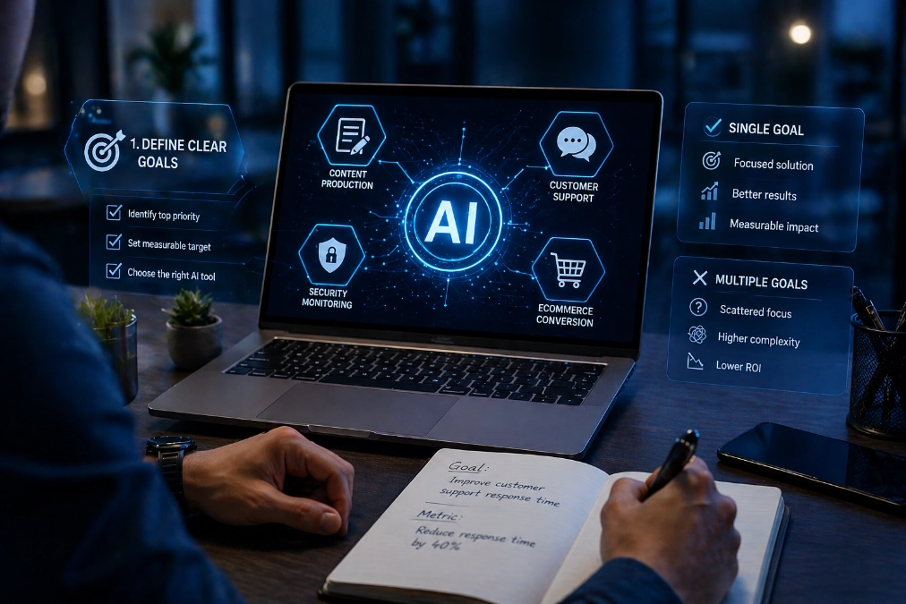 Freelancer setting goals in notebook beside laptop showing AI dashboard for content, security, support, and ecommerce