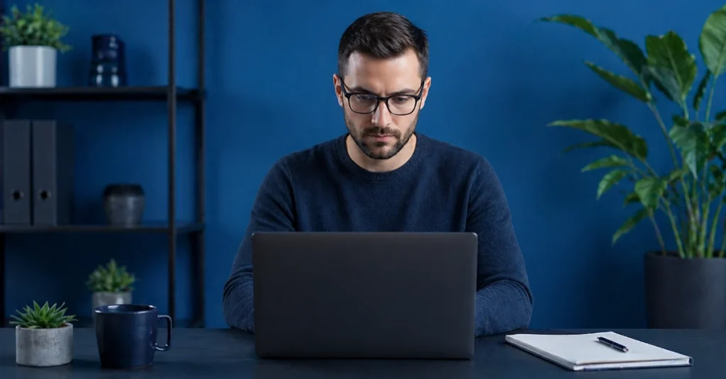 Focused small business owner working on laptop with WordPress AI tools in professional blue studio setting