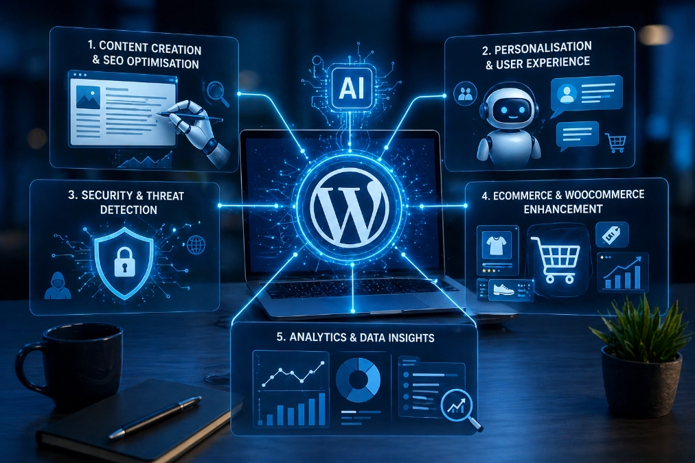 Laptop displaying AI dashboard with five connected modules for content, personalisation, security, ecommerce, and analytics