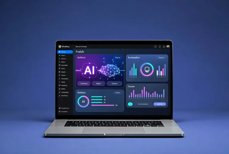 Modern laptop displaying AI-powered WordPress dashboard in professional studio setup