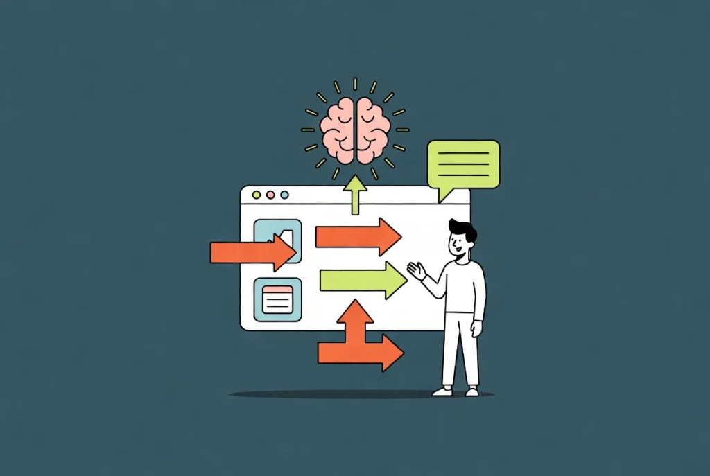 AI workflow connecting WordPress dashboard to automated site updates with flow arrows and friendly figure
