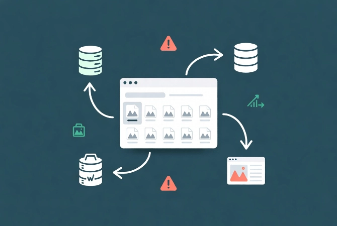 Central WordPress Media Library UI card connected by workflow arrows to multiple database and storage icons showing technical burden of unmanaged thumbnails