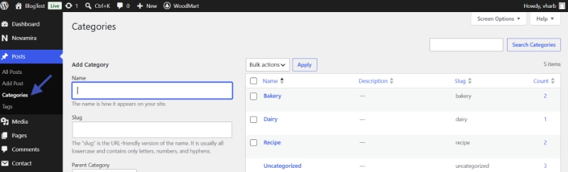 WordPress categories management screen with add new category form and table listing Bakery, Dairy, Recipe and Uncategorized