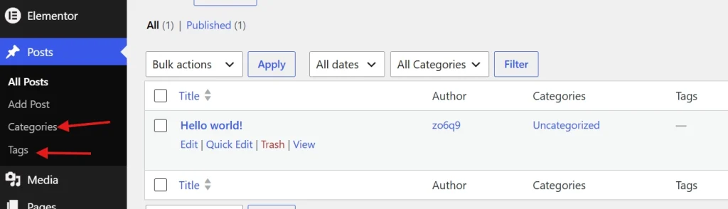 WordPress admin sidebar highlighting categories and tags navigation with red arrows in post management interface.