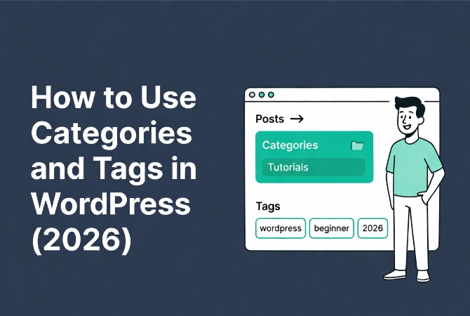 Friendly cartoon man explaining WordPress categories and tags interface in clean dashboard window