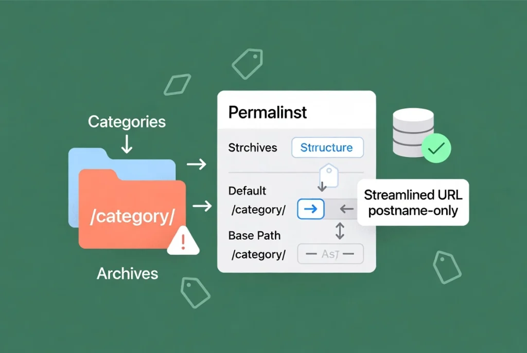 WordPress category tag base structures compared to clean postname permalinks with database performance icons.