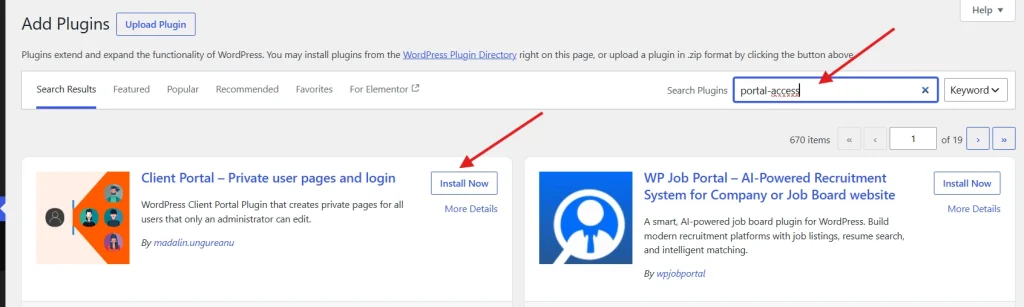 WordPress add plugins page with portal-access search highlighting Client Portal plugin for private user pages and login