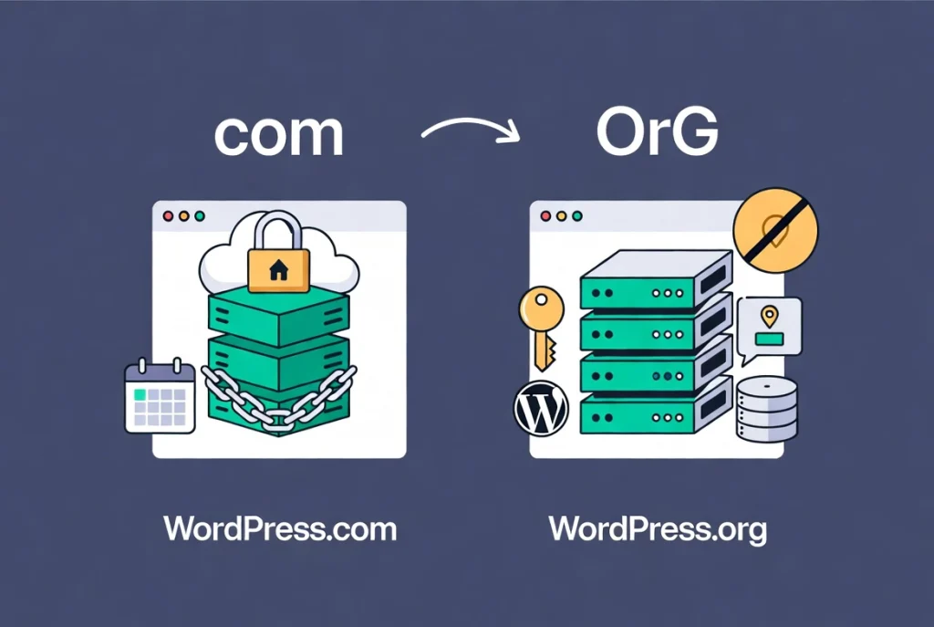 WordPress ownership comparison illustration showing self-hosted control versus hosted platform limitations with server and key icons