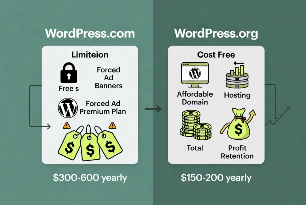 WordPress.com versus WordPress.org pricing comparison illustration with cost icons showing limited free tier restrictions against affordable self-hosted ownership