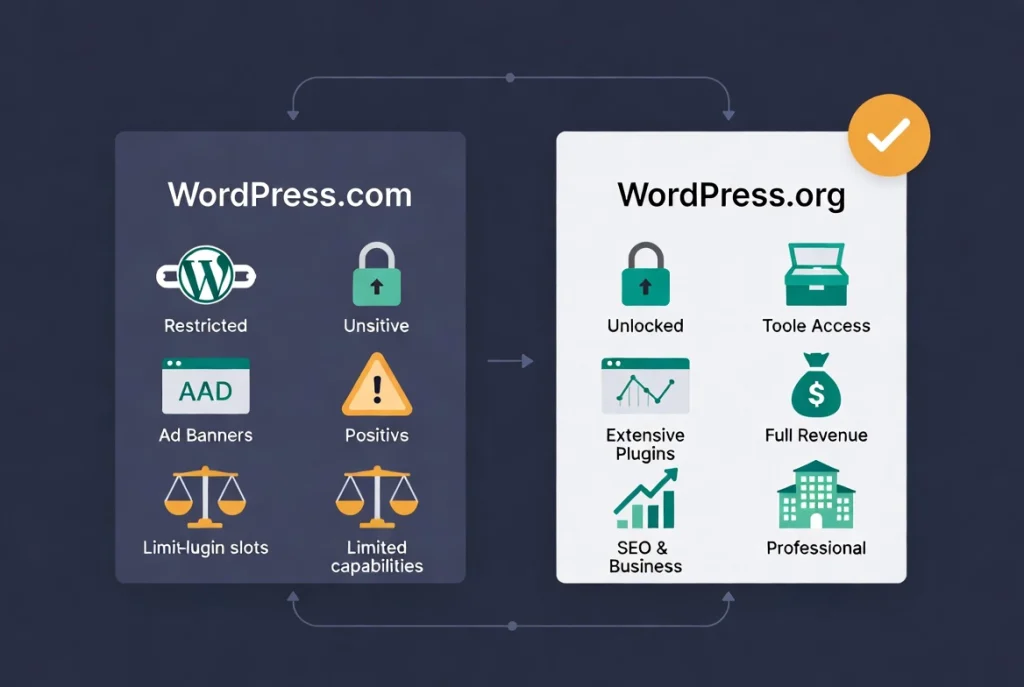 WordPress decision illustration showing restricted hosted path versus open self-hosted professional growth with control and success icons