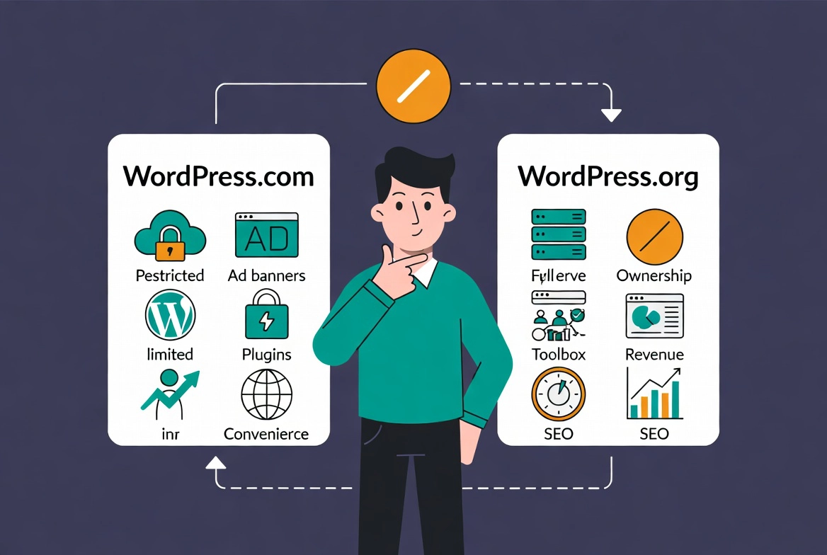 Friendly decision maker comparing WordPress.com restrictions to WordPress.org full control with platform icons in balanced layout