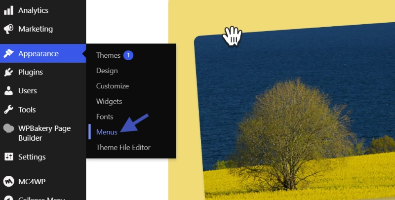 WordPress dashboard showing Appearance menu with navigation settings highlighted and menu option selected