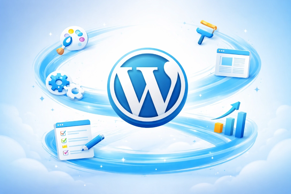 WordPress logo surrounded by floating 3D icons representing web design, plugin settings, and content management.