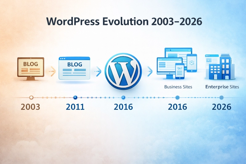 Horizontal timeline showing WordPress evolution from a 2003 blog tool to 2026 enterprise-level site architecture.