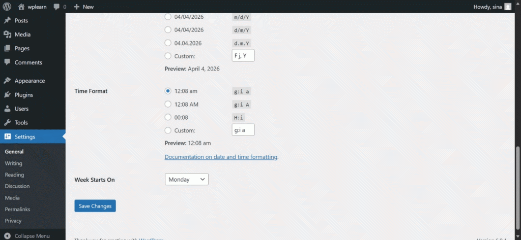 WordPress general settings interface showing configuration options for date format, time format, and week start day.