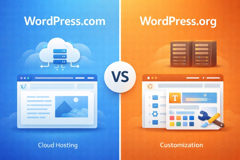 Infographic comparing WordPress.com cloud hosting against WordPress.org customization features with server and browser icons.