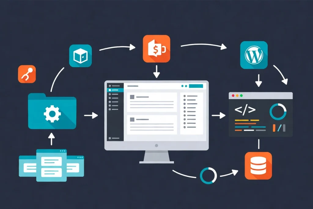WordPress local development workflow illustration showing blueprint cloning and WP-CLI commands connected by process arrows on monitor setup