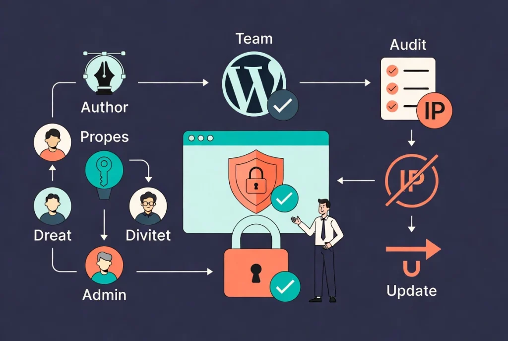 Secure WordPress login management illustration with role icons, shield lock, and workflow arrows showing team access controls.