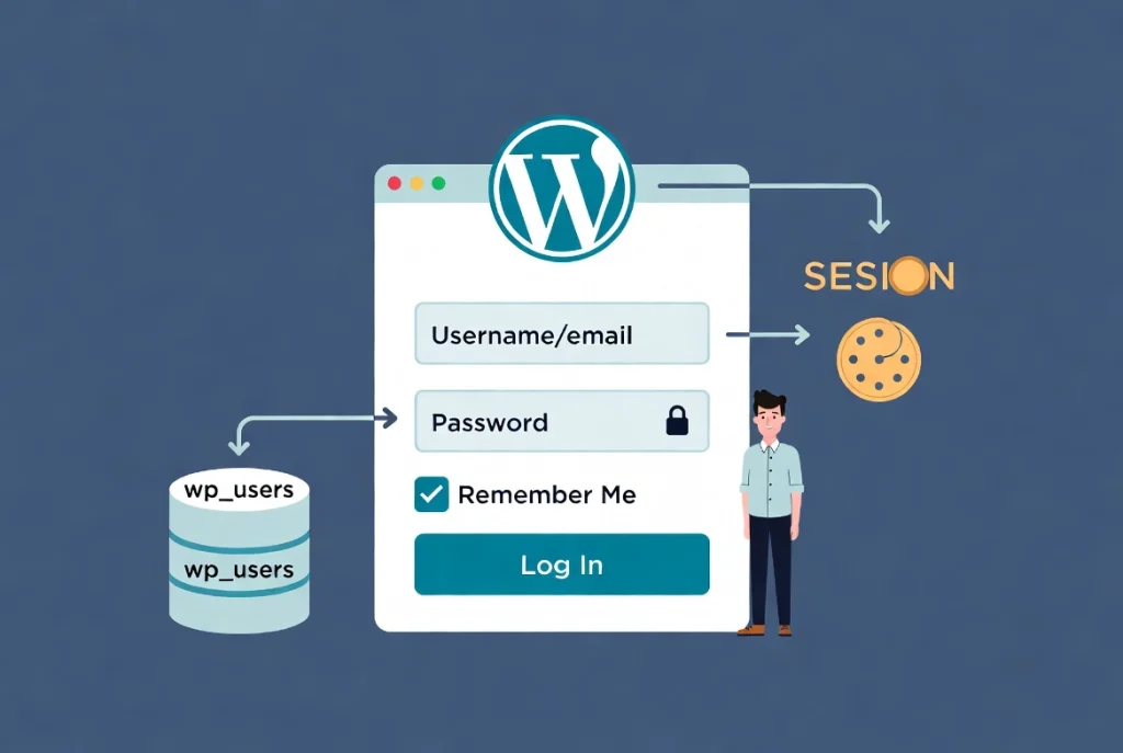 WordPress login screen anatomy showing username password fields, Remember Me checkbox, and authentication flow with arrows to database and session cookie