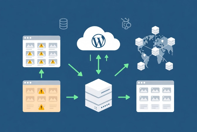 Flat vector diagram showing WordPress server offloading media to cloud storage and CDN network with global edge servers for faster load times and cleanup of orphaned files