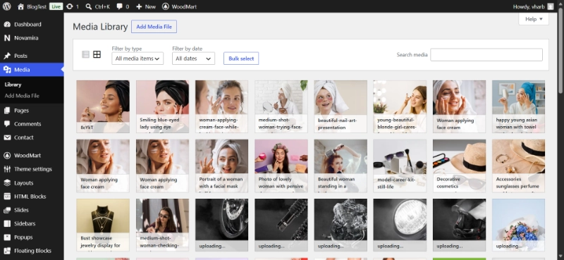 WordPress Media Library interface displaying grid of image thumbnails with filters, search bar, and bulk select options in the admin dashboard
