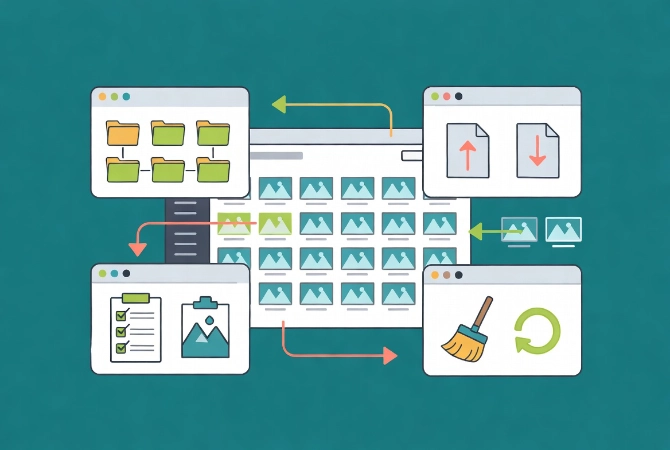 WordPress media library dashboard with organized image grid folders and workflow arrows showing ongoing management best practices.
