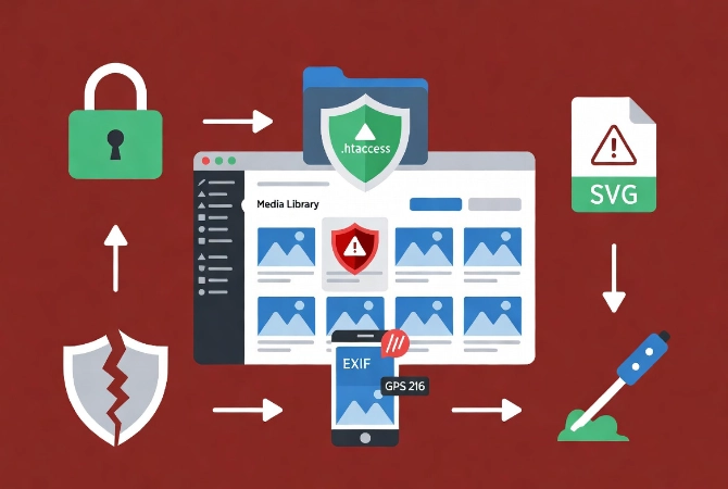 WordPress media library dashboard with security shields highlighting risks of malicious uploads, SVG files, and EXIF data exposure in flat vector style.