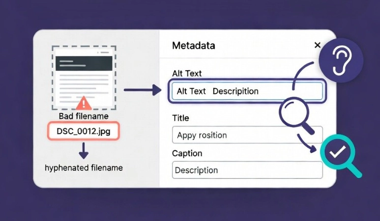 WordPress Media attachment details screen showing bad filename DSC_0012.jpg contrasted with hyphenated filename and filled descriptive Alt Text field linked to accessibility and SEO icons