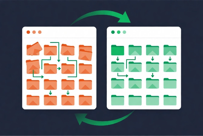 Side-by-side WordPress Media Library views showing chaotic chronological folders on left versus clean organized virtual folder structure on right with transformation arrows