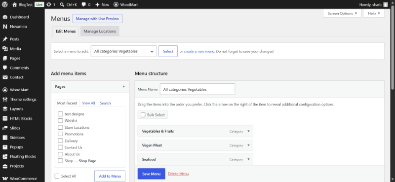 WordPress menu editor screen showing menu structure with categories and add menu items panel in dashboard
