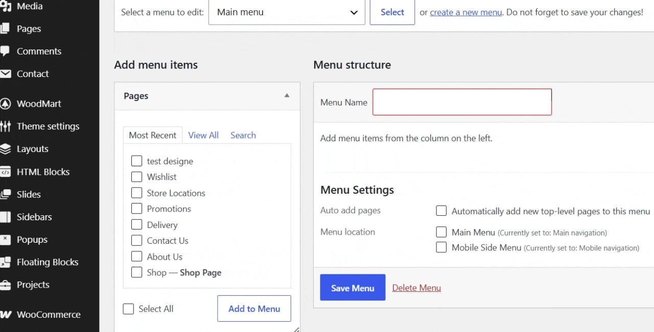 WordPress menu settings panel showing menu name field and location options with add menu items section