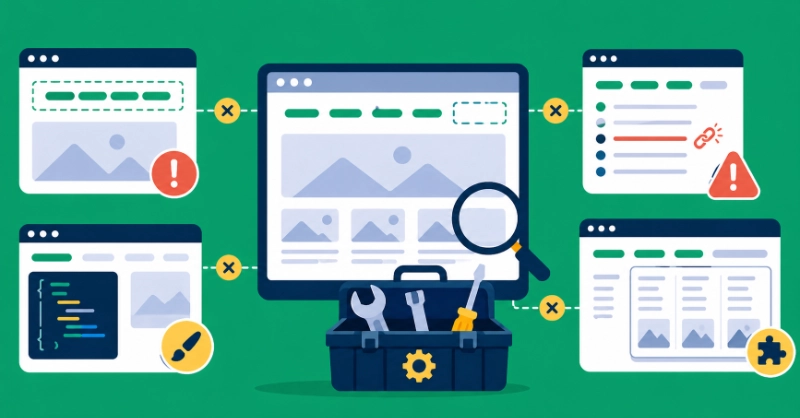 Website menu troubleshooting illustration with UI panels, error icons, broken links, and toolbox for fixing navigation issues