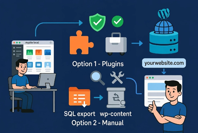 WordPress developer migrating local site to live server using plugin and manual methods in flat vector illustration