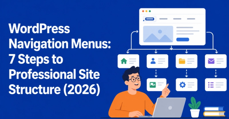 WordPress navigation menu diagram with cartoon teacher using laptop and site structure flow icons on blue background