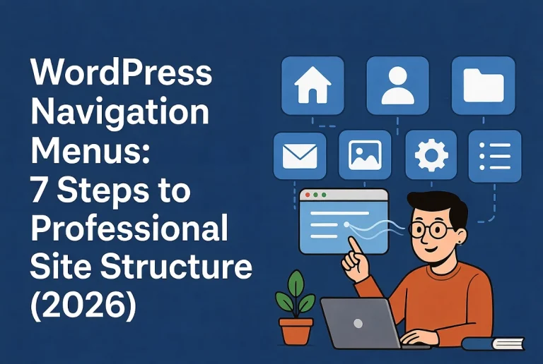 WordPress navigation menu diagram with cartoon teacher using laptop and site structure flow icons on blue background